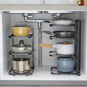 A multi-layer stainless steel pot rack organizer standing on a kitchen counter, holding various pots and pans neatly.