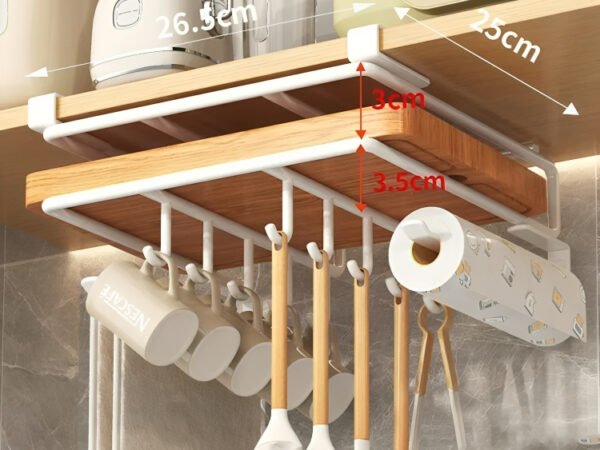 Sorty under shelf organizer rack holding white coffee mugs.