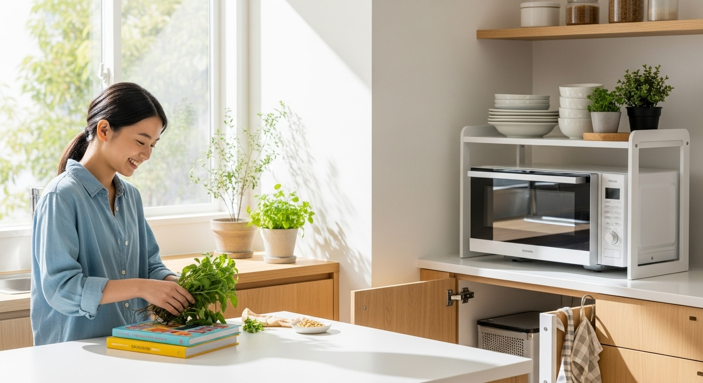 A collection of smart small kitchen hacks being used in a bright, modern kitchen to save space.