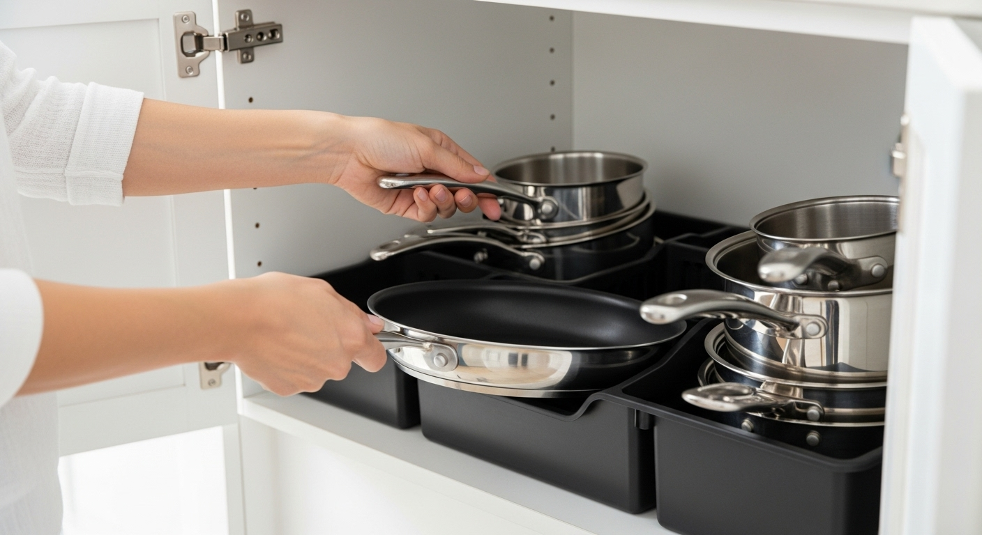 A person following a guide on how to organize pots and pans, placing a frying pan into a black cabinet organizer.