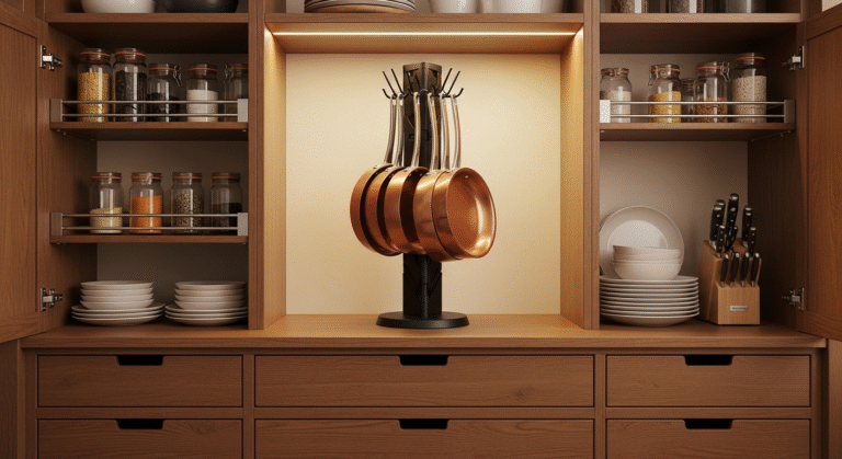 A cabinet pot rack organizer creating a quiet and tidy space for cookware.