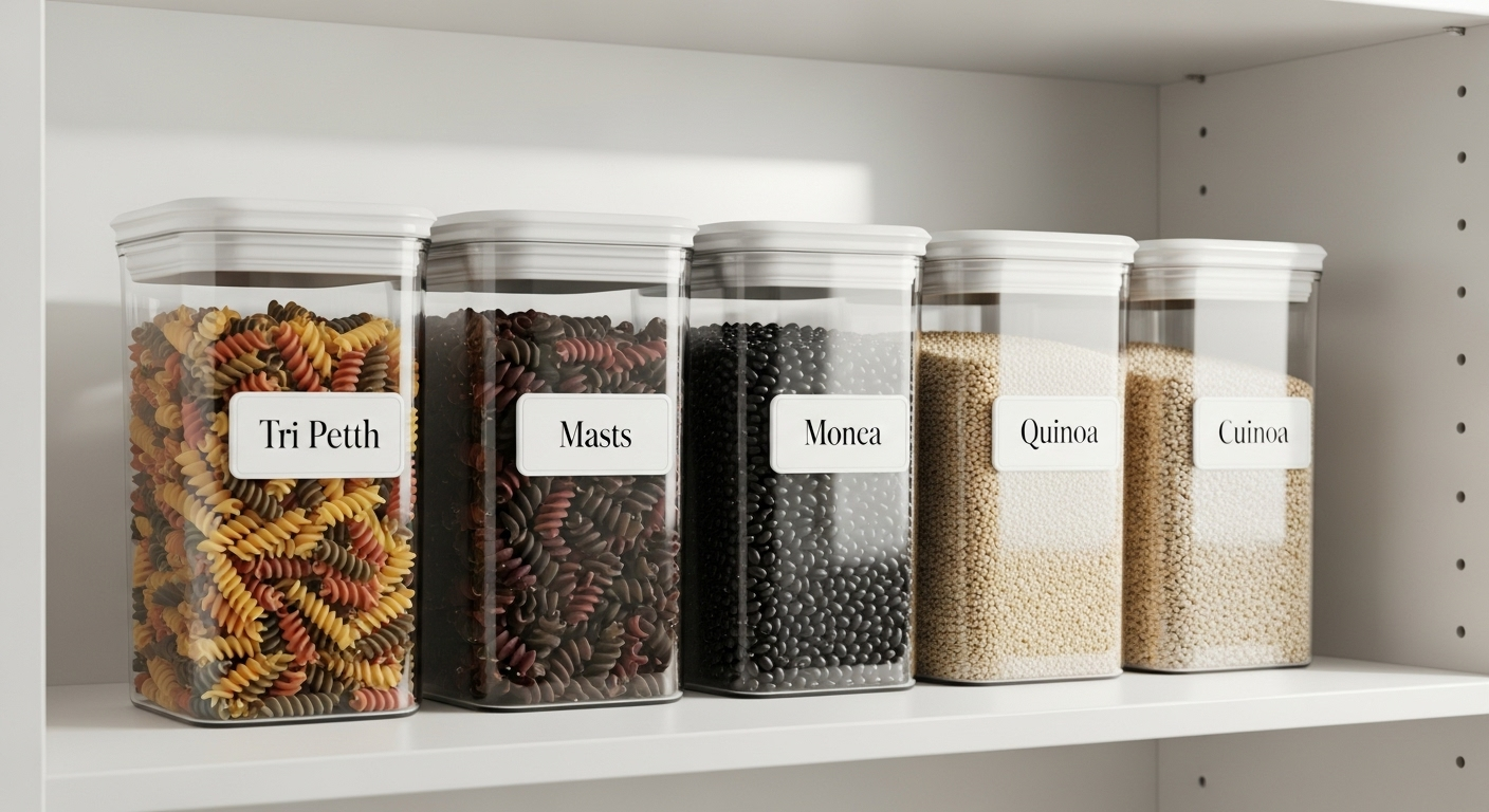 Airtight food containers used in a pantry reset to keep food fresh and organized.