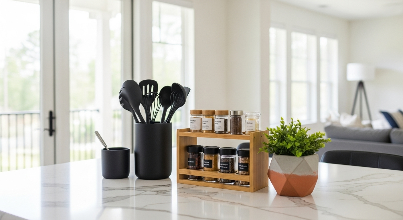 A beautifully styled and organized kitchen countertop using countertop organization hacks.