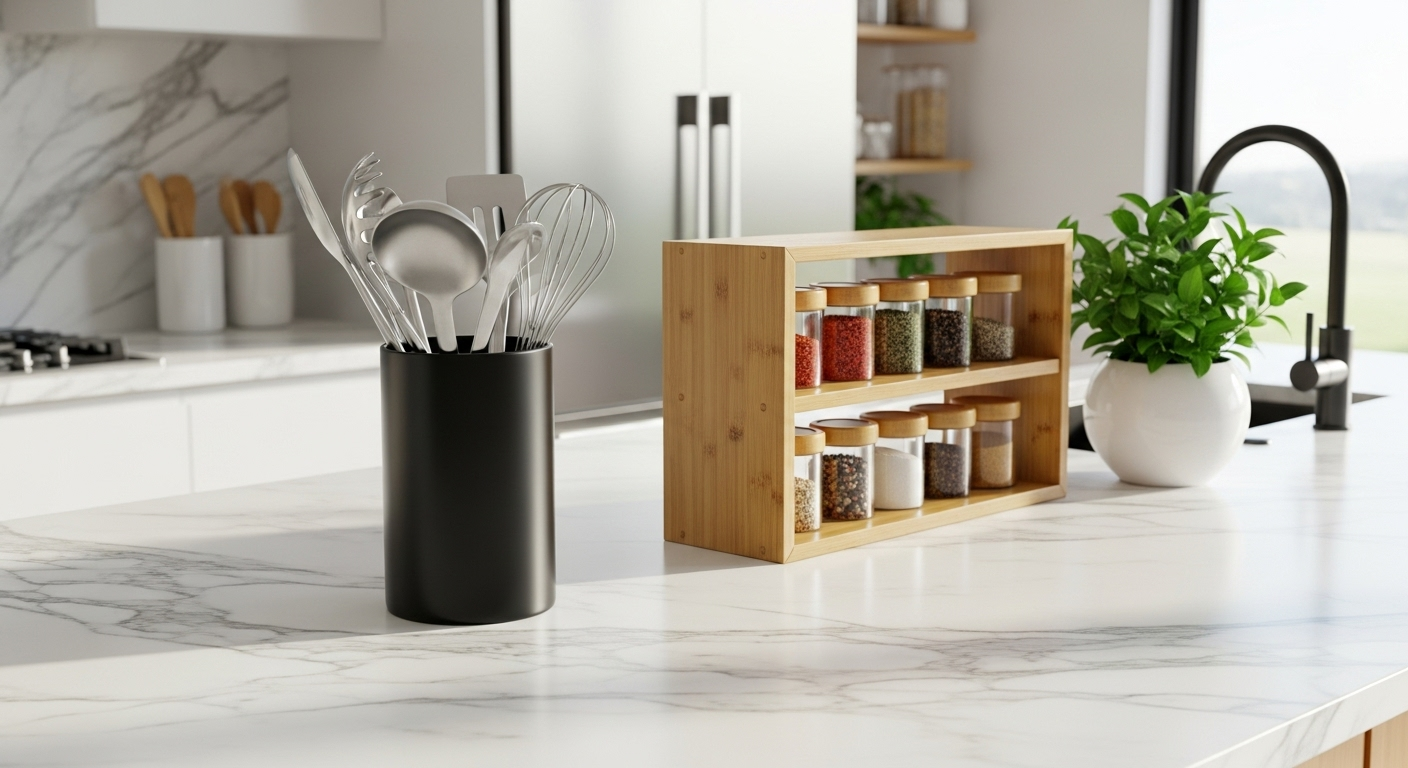 A beautifully styled and organized kitchen countertop using countertop organization ideas.