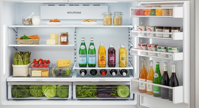 A perfectly organized fridge using clear fridge organizer bins to save space and reduce food waste.