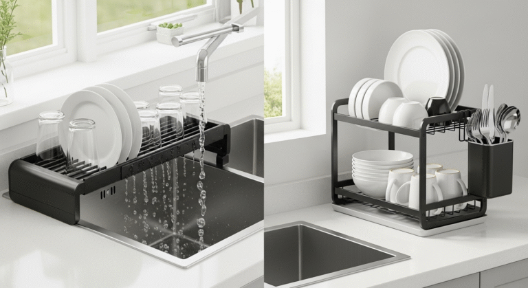 A comparison between an over-the-sink dish rack and a countertop dish rack.