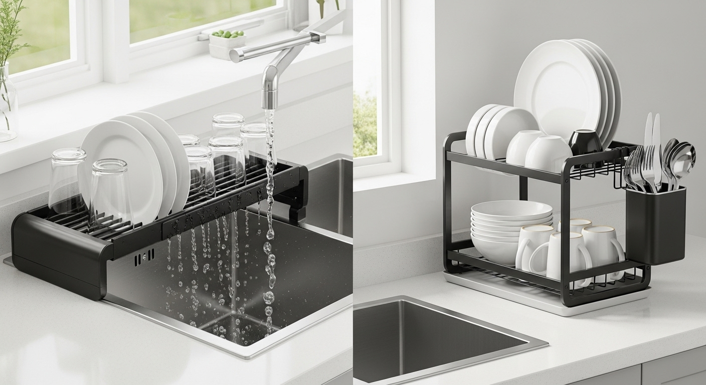 A comparison between an over-the-sink dish rack and a countertop dish rack.