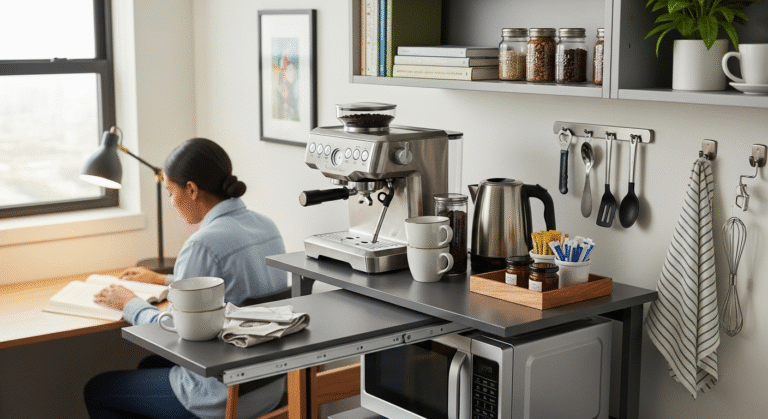 A collection of essential dorm kitchen organization ideas for small spaces.