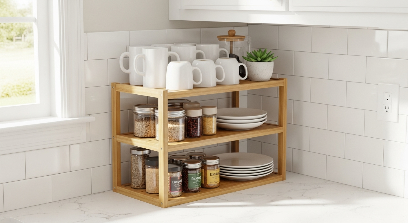 A stylish bamboo shelf organizer used to create a warm and natural coffee station.