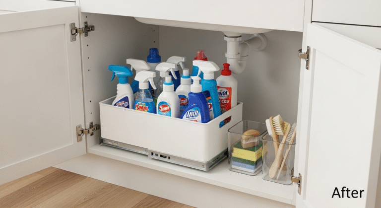 A perfectly organized under-sink cabinet using a slide-out organizer for easy access.