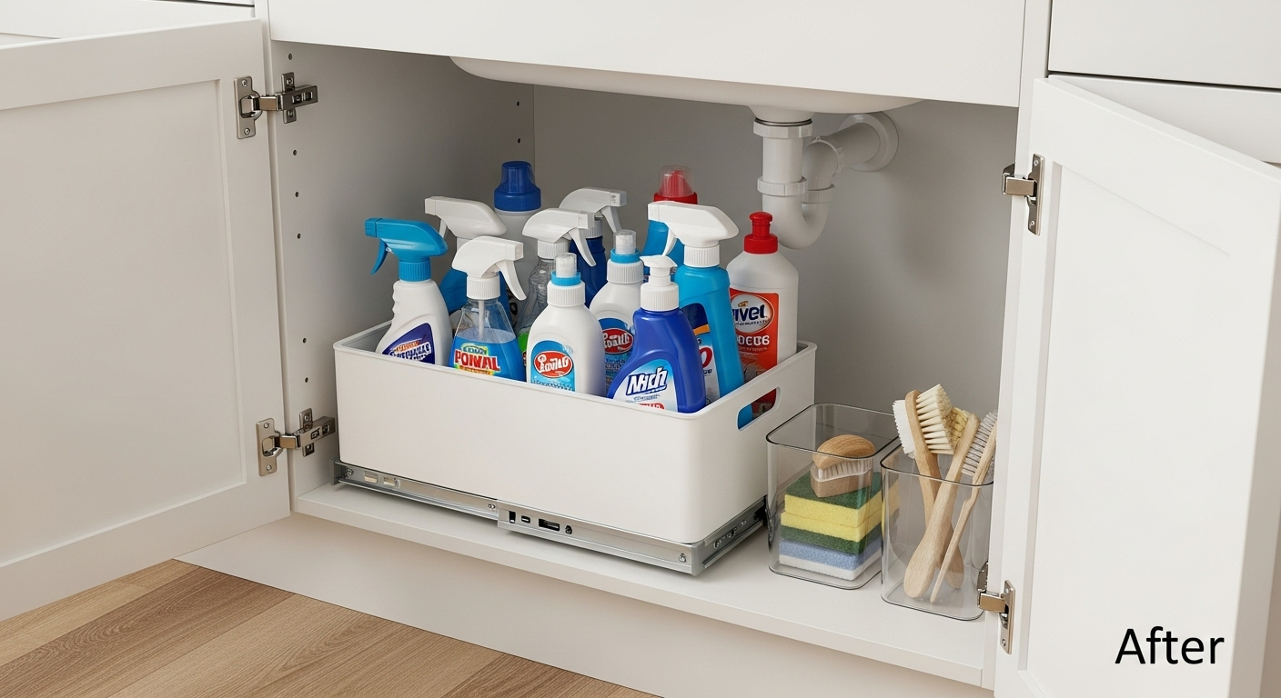 A perfectly organized under-sink cabinet using a slide-out organizer for easy access.