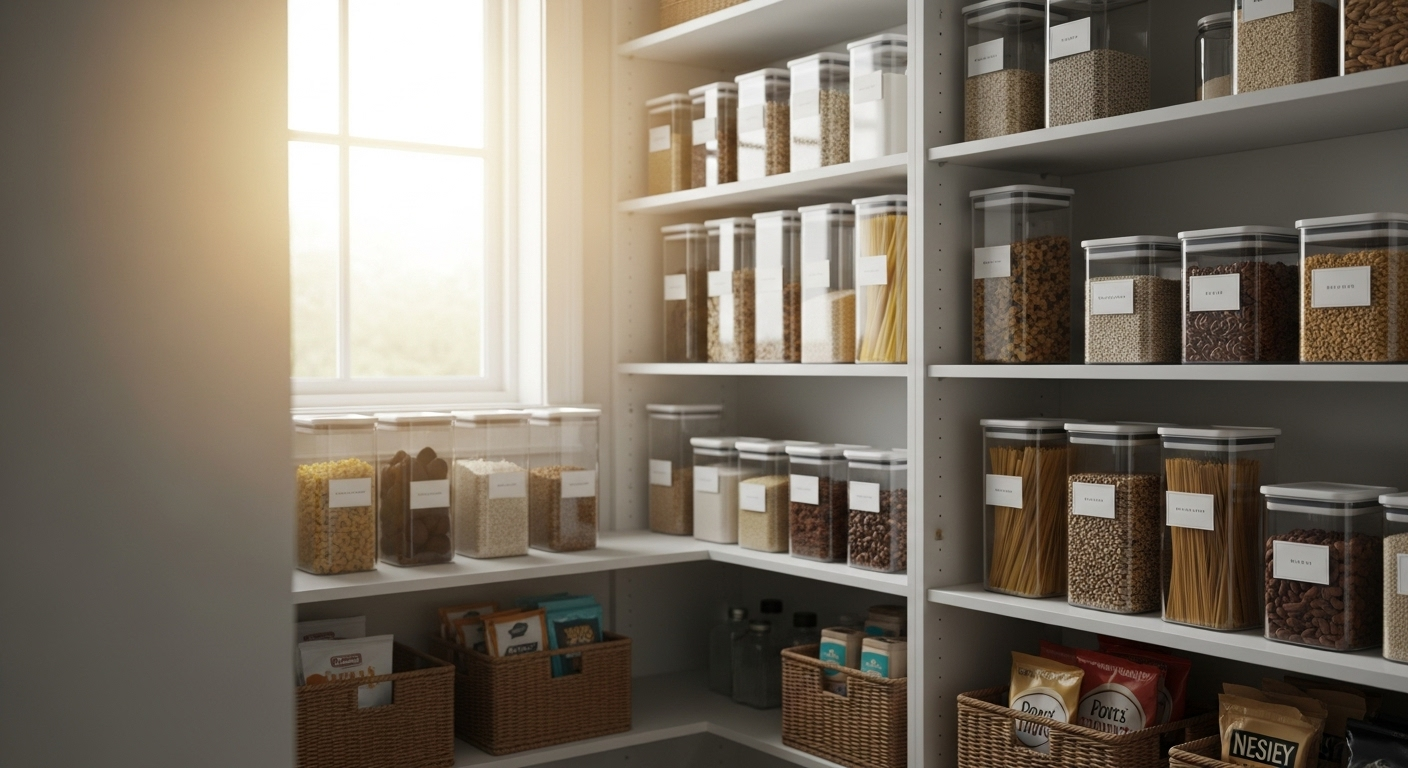 A complete pantry reset using clear food containers and organization bins.
