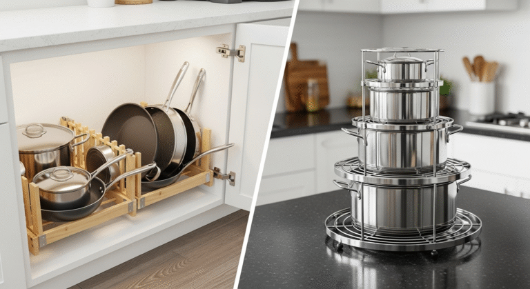 A buying guide comparing an expandable pot rack organizer with a multi-layer pot rack.