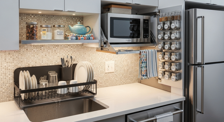 A small kitchen organized with clever space-saving ideas to maximize storage.
