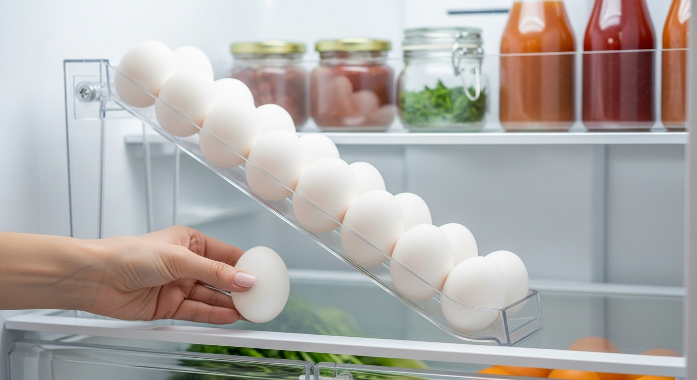 A person taking an egg from a rolling egg holder inside an organized refrigerator.