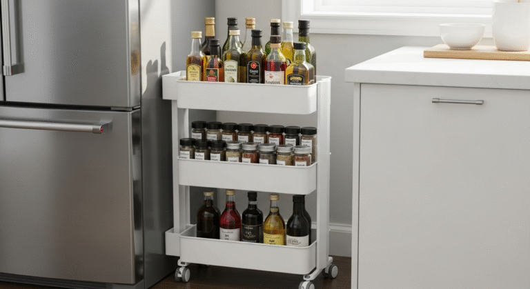 A slim storage cart being used to organize the narrow space next to a refrigerator.