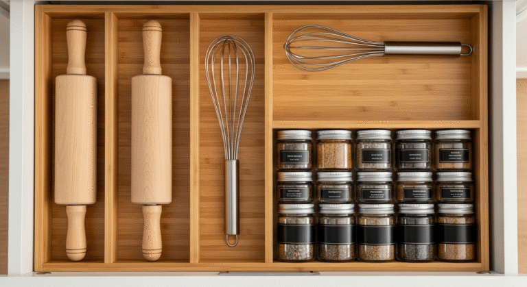 A kitchen drawer organized with adjustable drawer dividers to create custom compartments.