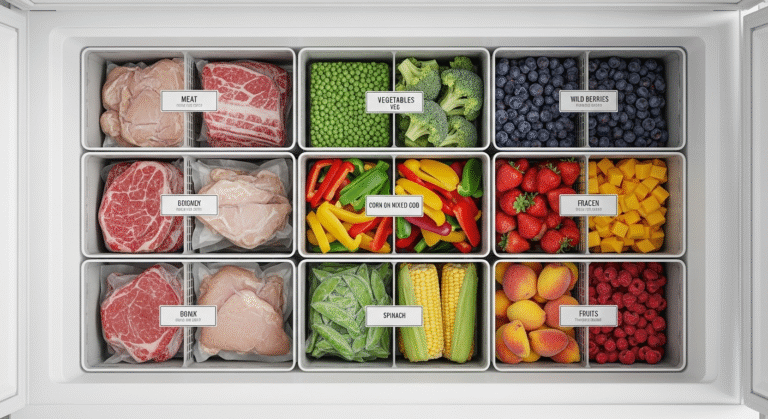 A person using clear freezer bins to organize a full freezer.
