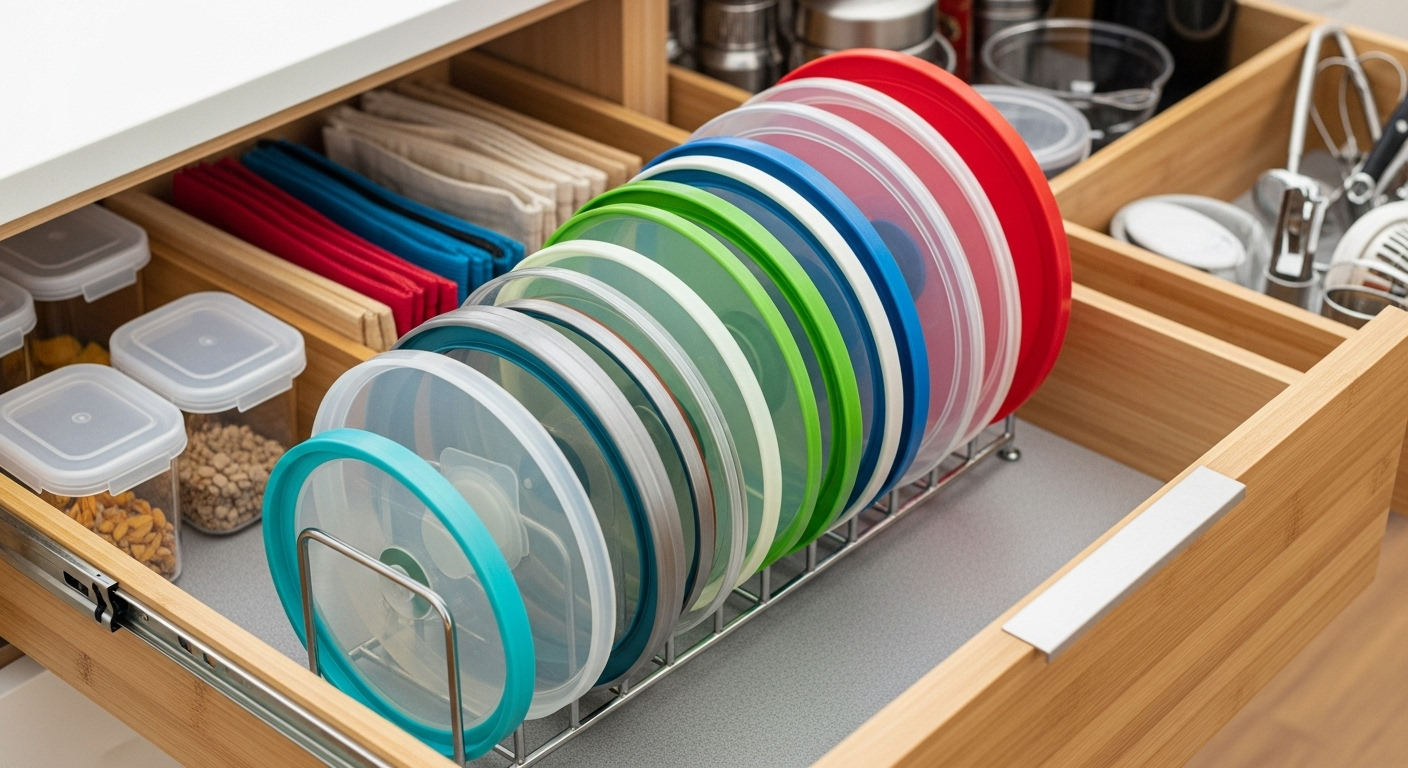 A pot lid organizer being used to organize plastic food container lids in a drawer.