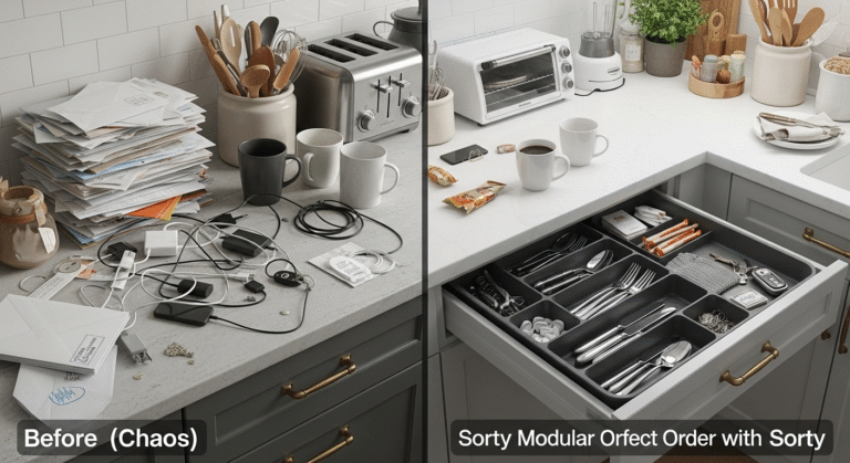 A before and after kitchen organization transformation showing a cluttered space becoming tidy.